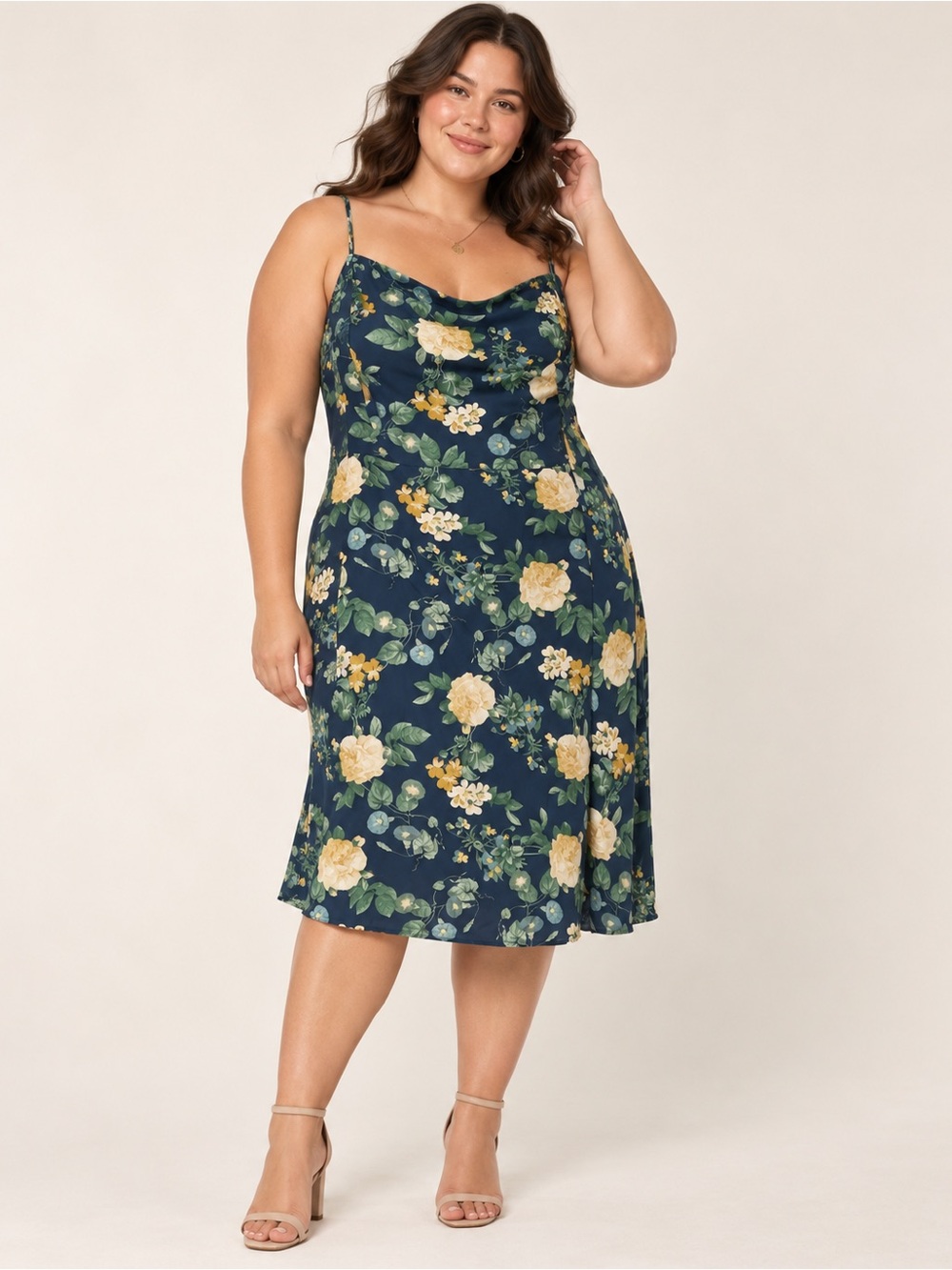 Old Navy Navy Floral Cowl Midi Slip Dress